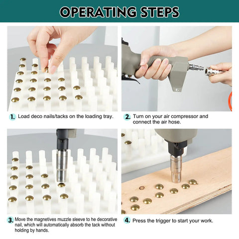 Operating steps of Pneumatic Decorative Nail Gun 7 16 Inch Deco Tack Nailer for Sofa Upholstery and Leather Cover Finish