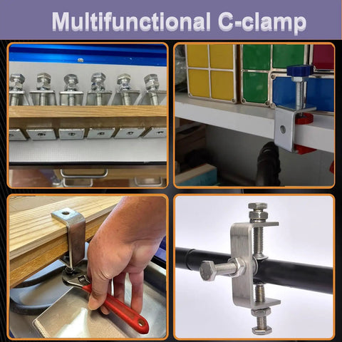 Heavy Duty C Clamps And Mini Tiger U Clamps Featuring Rust Resistant Galvanized Steel, Rock Solid I Beam Frame, Snug Jaw Grip For Woodworking Welding And Metal Shop Tasks 6 Pc 1 3/16 Inch Set, showcasing varied applications in woodwork.