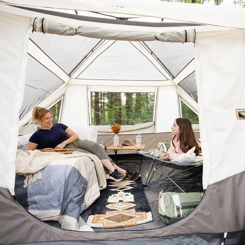 Interior view of Ten Person Instant Cabin Tent With Built In Led Lighting And Pop Up Setup Large Lighted Camping Tent For Outdoor Adventures