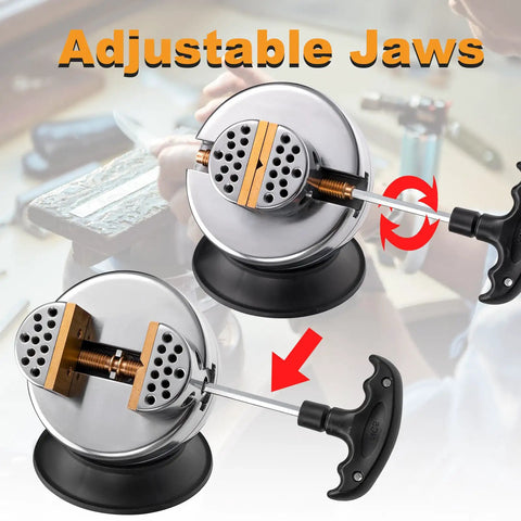 4 Inch Ball Vise Engraving Tool With 360 Degree Rotation Pro Grade Jewelry Engraving Block Set Heavy Duty Stainless Steel Vise Plus 36 Attachments showing adjustable jaws