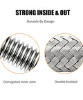 Close-up of High Grade Top Shelf Air Compressor Jumper Hose 1/2 Inch Npt X 20 Inch flexible braided tube's corrugated core and double-braided design.