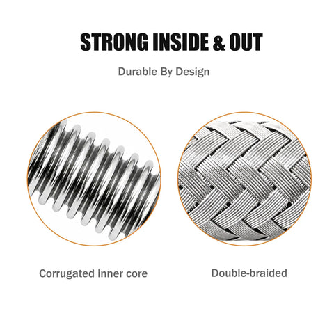 Close-up of High Grade Top Shelf Air Compressor Jumper Hose 1/2 Inch Npt X 20 Inch flexible braided tube's corrugated core and double-braided design.