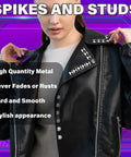 Model in black leather jacket decorated with metal pyramid studs from 455 Piece Punk Studs Kit for Clothing and Accessories.