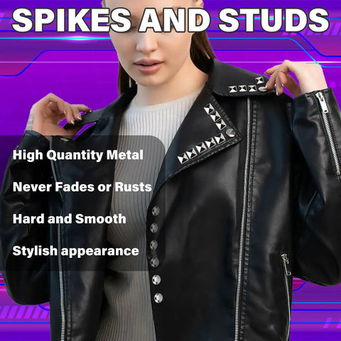 Model in black leather jacket decorated with metal pyramid studs from 455 Piece Punk Studs Kit for Clothing and Accessories.