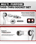 Pass Through Socket Set 3 8 And 1 2 Inch Drive Standard Ratchet Heavy Duty Mechanics Tool Kit showing unlock feature and spline socket use.