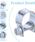 Stainless Steel Fuel Line Clamps Pack Of 12 9/16 To 5/8 Inch Diameter High Pressure Hose Clamps shown with details.