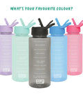 Five colorful 1L Hydration Tracker Bottles with flip up straw, hourly markings, and easy sip tech for workouts and all day hydration.