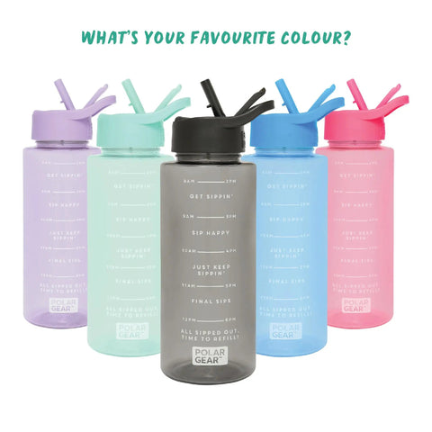 Five colorful 1L Hydration Tracker Bottles with flip up straw, hourly markings, and easy sip tech for workouts and all day hydration.