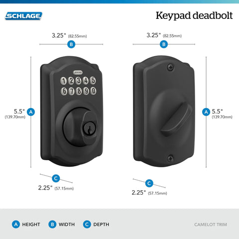 Camelot Electronic Keypad Deadbolt Lock With Keyless Front Door Entry and Mechanical Key Backup, Matte Black Finish, BE365 CAM 622