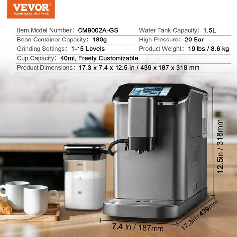 Fully Automatic Espresso Machine With Integrated Grinder And One Touch Milk Frother Delivering Hella Smooth Lattes And Bold Cappuccinos Any Day With Adjustable Bean Grinds And A Sleek Touch Interface For Effortless Home Bar Fun on wooden countertop with milk container.