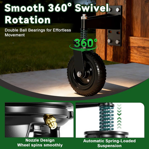6 Inch Heavy Duty Gate Wheel With 360 Degree Swivel Roller shows smooth rotation and spring-loaded suspension for outdoor use.