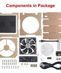DIY Solder Fume Extractor Kit With LED Light And Filters unassembled components including fan, filters, and USB cable.