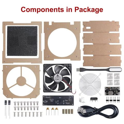 DIY Solder Fume Extractor Kit With LED Light And Filters unassembled components including fan, filters, and USB cable.