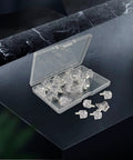 Knockout 5mm Cabinet Shelf Clips in a clear case, showing sturdy 5mm pegs for kitchen and office pantry shelving.