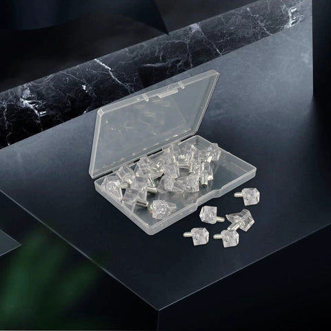 Knockout 5mm Cabinet Shelf Clips in a clear case, showing sturdy 5mm pegs for kitchen and office pantry shelving.