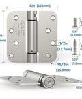 Heavy Duty 4 Inch Self Closing Door Hinges 2 Pack Featuring Adjustable Spring Tension and a Sleek Satin Nickel Finish with dimensions and screws displayed.