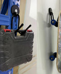 Four Pack Magnetic Garage Hooks Heavy Duty Tool Organizer Rack For Power Tools Garden Tools Hose Pegboard And Workshop Indoor Outdoor Hanging No Drill Required Industrial Strength Magnets Hold Up To Ten Pounds installed on metal surface holding a toolbox and a skateboard.