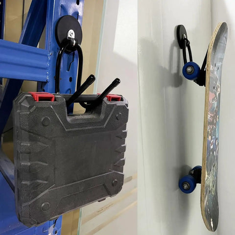 Four Pack Magnetic Garage Hooks Heavy Duty Tool Organizer Rack For Power Tools Garden Tools Hose Pegboard And Workshop Indoor Outdoor Hanging No Drill Required Industrial Strength Magnets Hold Up To Ten Pounds installed on metal surface holding a toolbox and a skateboard.