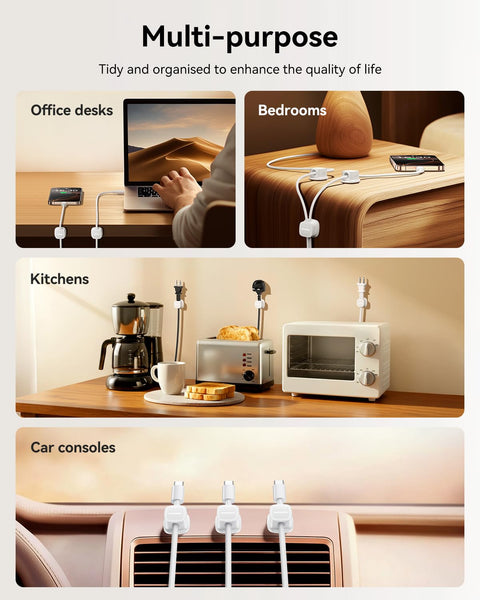 Six Pack Magnetic Cable Clips With Smooth Adjustable Adhesive Cord Organizer used in office, bedroom, kitchen, and car settings