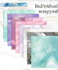 20 Pack Microfiber Cleaning Cloths Set For Eyeglasses, Camera Lenses, And Phone Screens, Marble Design Soft Wipes, shown individually wrapped.