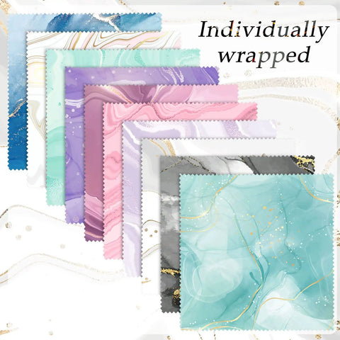 20 Pack Microfiber Cleaning Cloths Set For Eyeglasses, Camera Lenses, And Phone Screens, Marble Design Soft Wipes, shown individually wrapped.