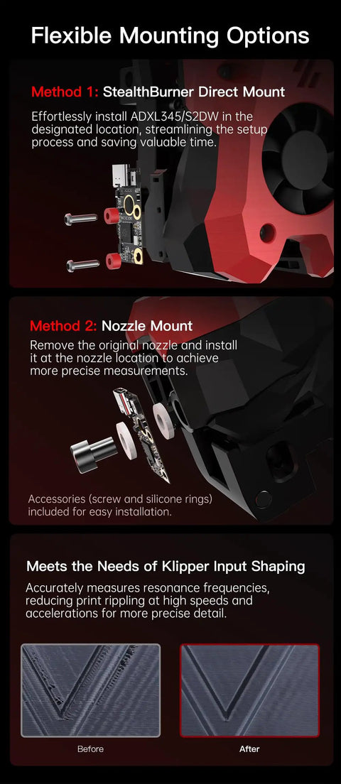 Installation methods for ADXL345 V2.0 Accelerometer Board on Voron Stealthburner hotend, including direct and nozzle mounts.