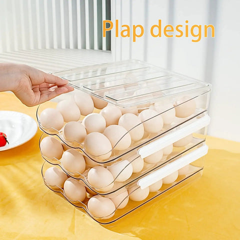 Hand opening Clear Plastic Egg Holder For Refrigerator With Auto Rolling Design, Stackable 3 Drawer Egg Storage Box, 54 Egg Capacity