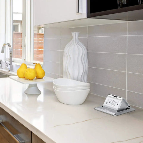 Pop Up Floor Outlet Box Kit With 20 Amp GFCI Receptacle, Tamper Resistant, Weather Resistant Stainless Steel Flip Up Cover on counter