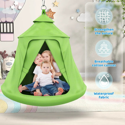 Outdoor Swing Set With Tent Swing And X Shaped Frame Sensory Swing showing kids sitting inside tent-style hammock