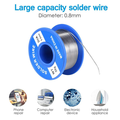 Large capacity solder wire spool, diameter 0.8mm, part of 60W Soldering Iron Kit With Adjustable Temperature and 13 in 1 Pro Grade Electronics Tool Set