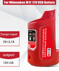 Red M12 USB Power Source Charger Adapter For 12V Battery Type C Input 2.1A USB Port And 12V DC Outlet, side view