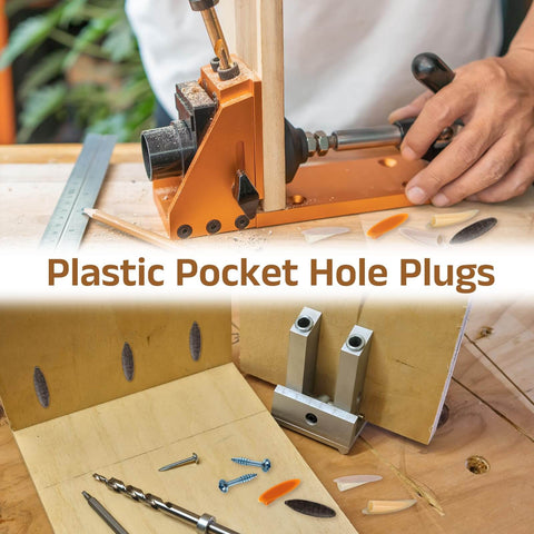 100 Pack Plastic Pocket Hole Plugs With 9mm Slant Caps And Pocket Screws For Pocket Hole Jig Woodworking Gear Beige Kit shown