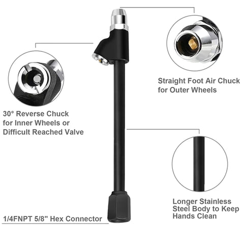 Diagram of Heavy Duty Dual Head Tire Air Chuck With One Quarter Inch FNPT Extended Reach, Quick Plug, Two Way Connect, and features
