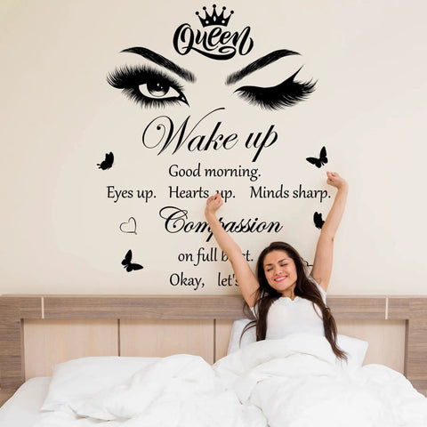 Feel Good Vibe Inspirational Quotes Wall Decals Set With Eye Motifs And Eyelash Art Queen Crown Butterflies And Hearts