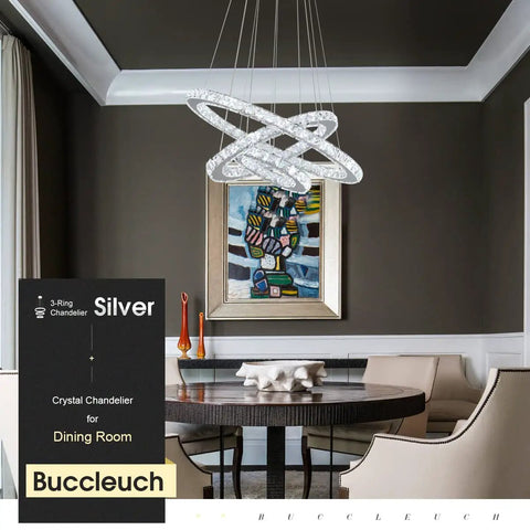 Modern LED Crystal Chandelier With Ring Lamp Body Dimmable 6500K Cool White Hanging Crystal Wind Bell Look 19.7 Inch