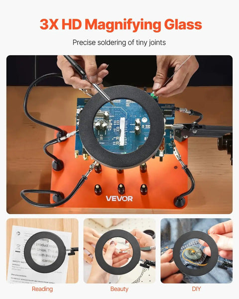 Hands using Magnetic Helping Hands Soldering Station 2 In 1 With 3X LED Magnifying Lamp for precise soldering on a PCB.