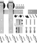 8 Feet Brushed Nickel Barn Door Hardware Kit For 42 To 48 Inch Wide Panels Heavy Duty Sliding Track displayed with mounting hardware