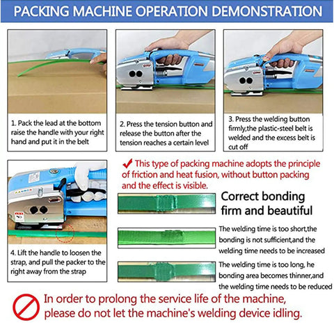 Upgrade Your Shipping Game With This Portable Electric Strapping Machine, demonstrating key operation steps and bonding quality.