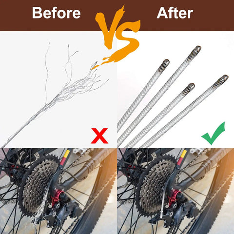 Comparison of frayed vs. new Premium 4-Piece Bike Brake Cable Set, Universal Standard Front and Rear Cables on bike gear