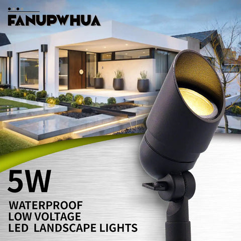Low Voltage 12V 5W MR16 LED Landscape Lights 6 Pack Cast Aluminum Waterproof Outdoor Spotlights with modern house backdrop