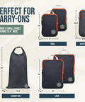 Compression Packing Cubes For Travel Six Piece Lightweight Organizer Set showing gray and orange cubes, sleeve, and laundry bag.