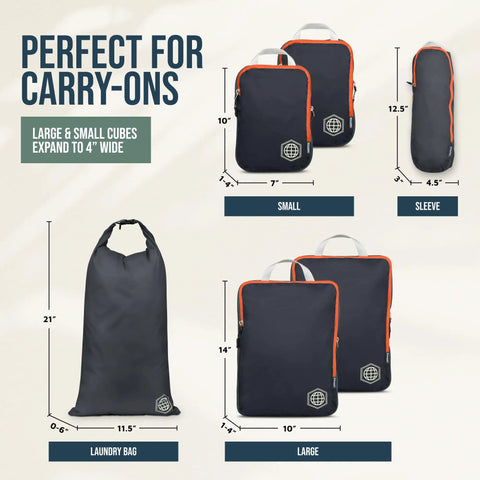 Compression Packing Cubes For Travel Six Piece Lightweight Organizer Set showing gray and orange cubes, sleeve, and laundry bag.