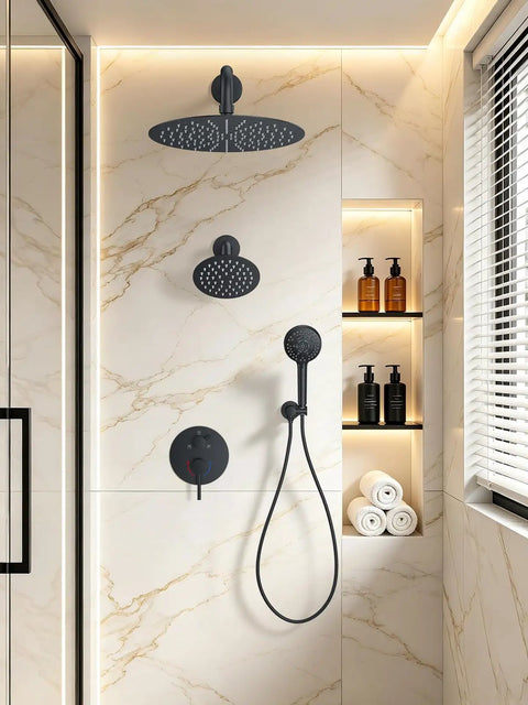 FAROLAN Shower Faucet Set, Wall Mounted Rain Shower System with 12"&6" Heads, featuring black dual shower heads and handheld.