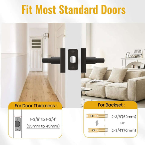 Matte Black Interior Door Lever With Square Plate, Reversible Left Or Right Handing, fits standard doors, easy install diagram