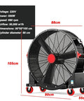 Heavy Duty Portable Floor Fan With Mega Reach Airflow And Easy Grip Handle Thirty Four Inch Sweep in black and red, showing dimensions and specs.
