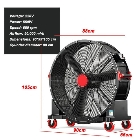 Heavy Duty Portable Floor Fan With Mega Reach Airflow And Easy Grip Handle Thirty Four Inch Sweep in black and red, showing dimensions and specs.