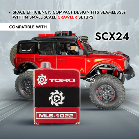 Red and black Beefy High Torque Micro Servo for 1 24 RC Crawlers in front of a red SCX24 crawler, compatible with Axial SCX24.