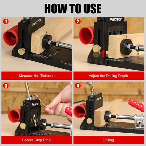 Heavy Duty Aluminum Pocket Hole Jig Kit With Storage Bag, 56 Pcs, 15 Degree Angle Holes, Dust Port, Slider Holder usage steps