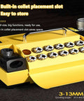 Portable Electric Drill Sharpener For Knives And Chisels With Adjustable Angle Grinding Head, yellow, compact, built-in collet slot.