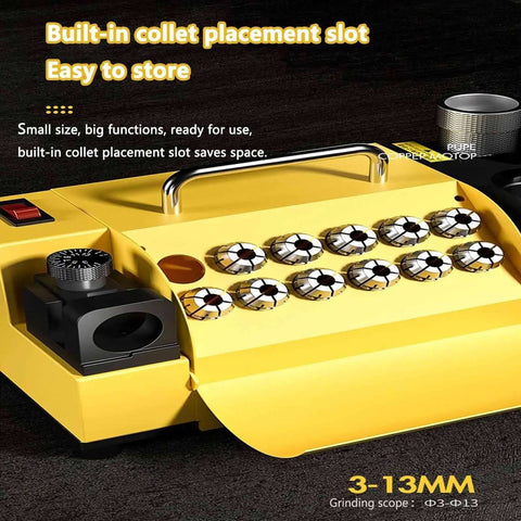 Portable Electric Drill Sharpener For Knives And Chisels With Adjustable Angle Grinding Head, yellow, compact, built-in collet slot.